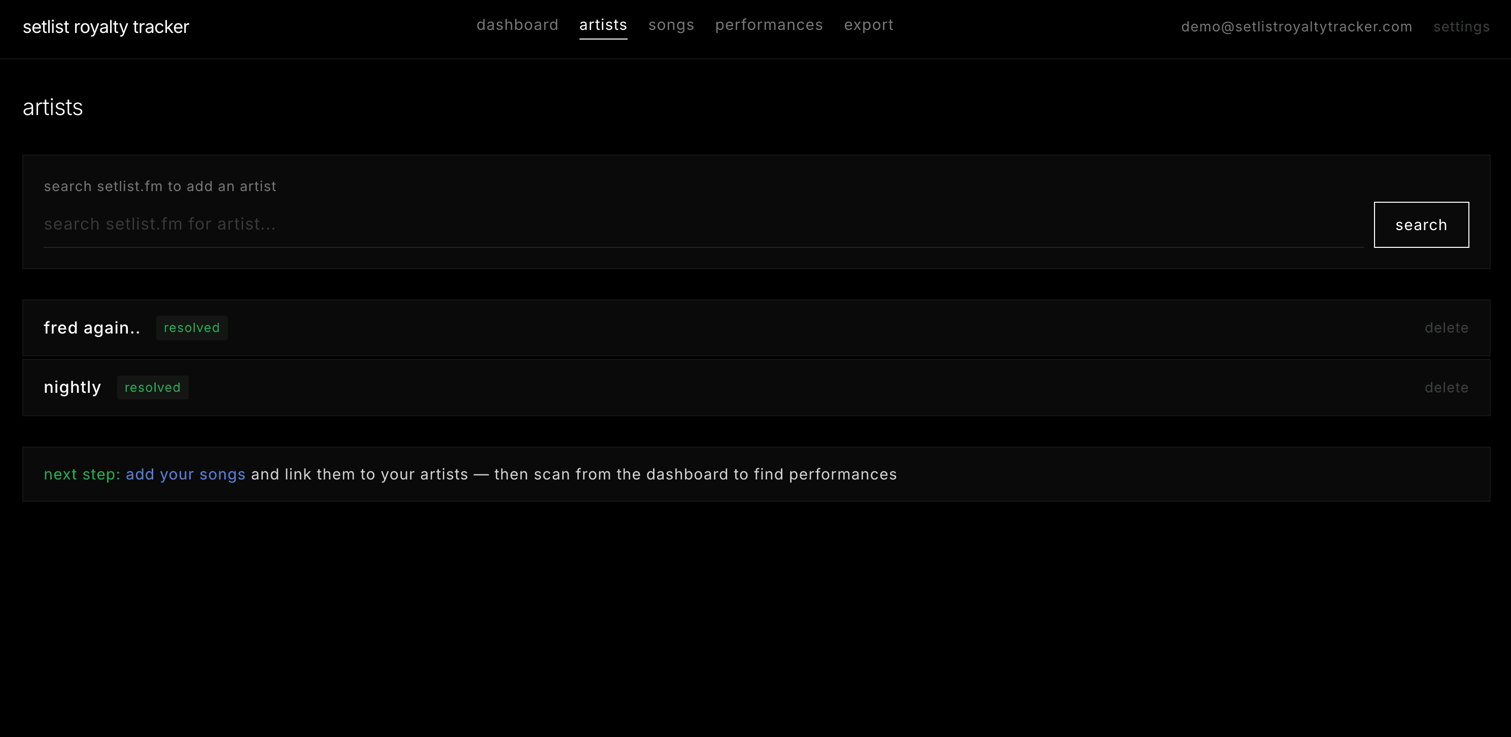 Artists page showing tracked artists with resolved status from setlist.fm